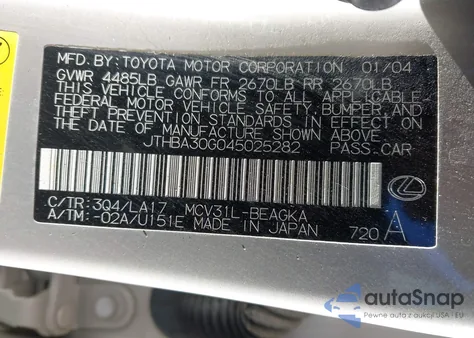 2004 Lexus Es 330 Base (A5) из США, поврежденный, VIN JTHBA30G045025282